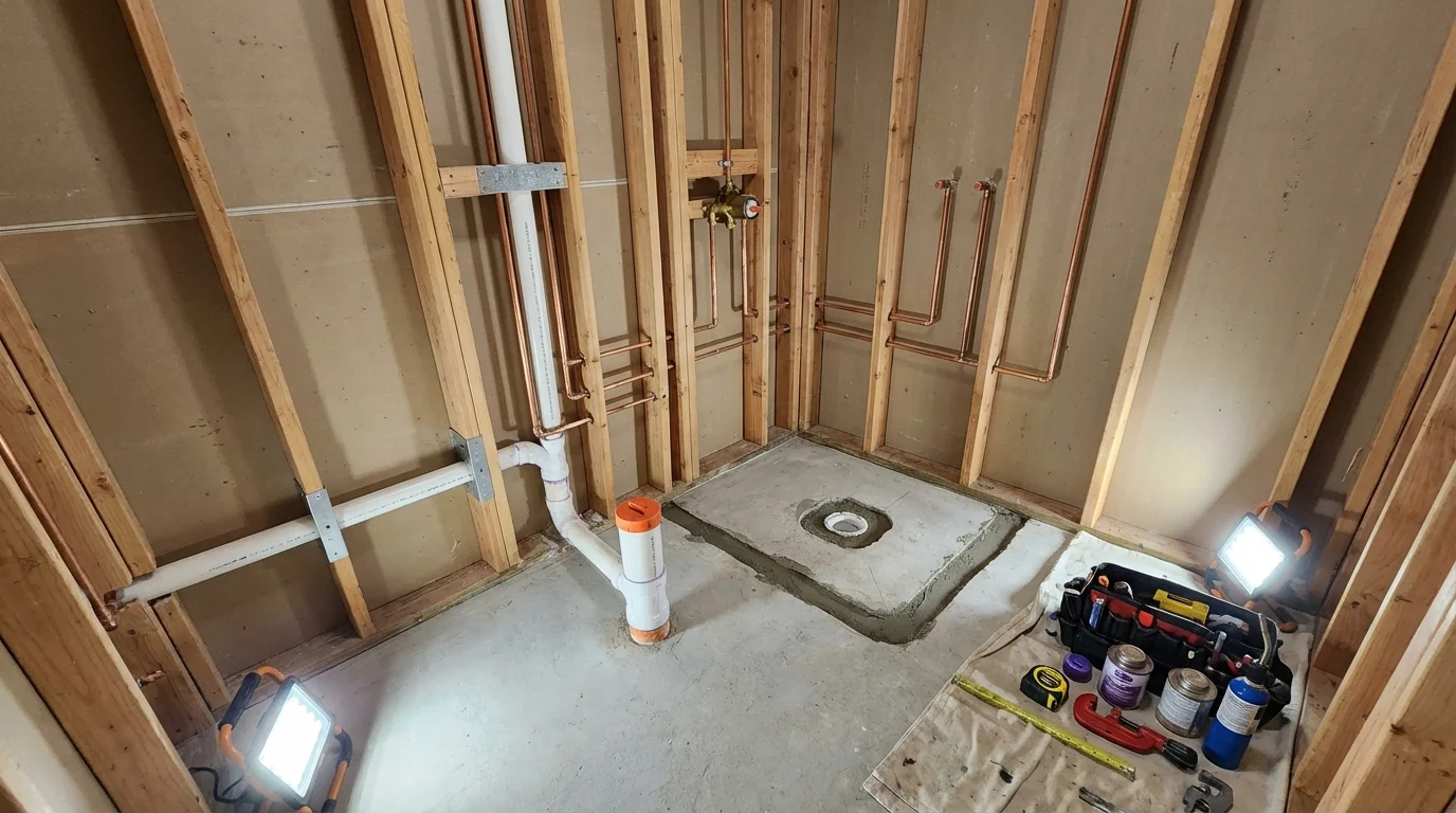 Bathroom rough-in plumbing during remodel by Johns Plumbing LLC in Mount Union
