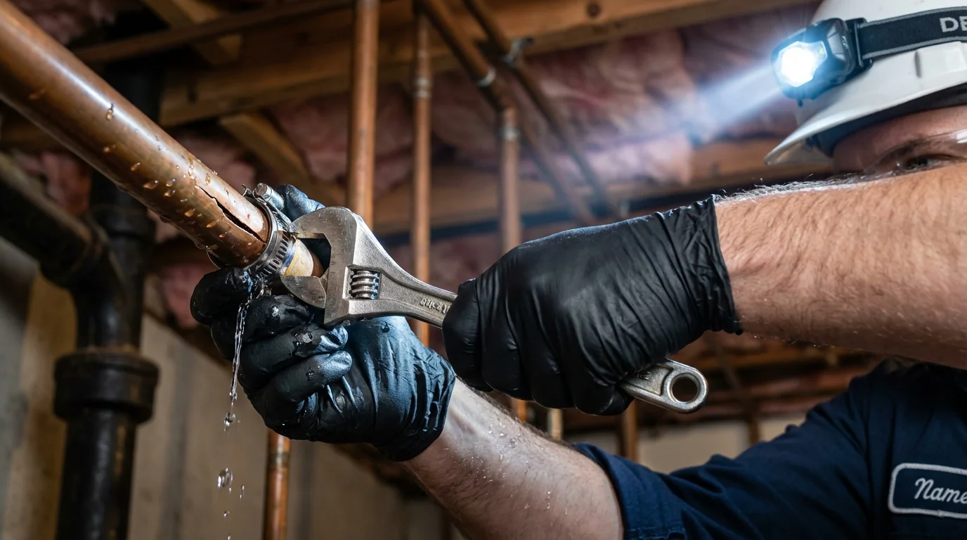 Emergency pipe clamp repair being performed by a Johns Plumbing LLC plumber in Mount Union