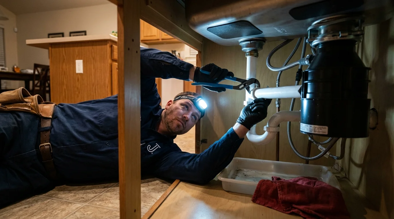 P-trap and supply line connections under a kitchen sink showing a common leak point in Mount Union, PA